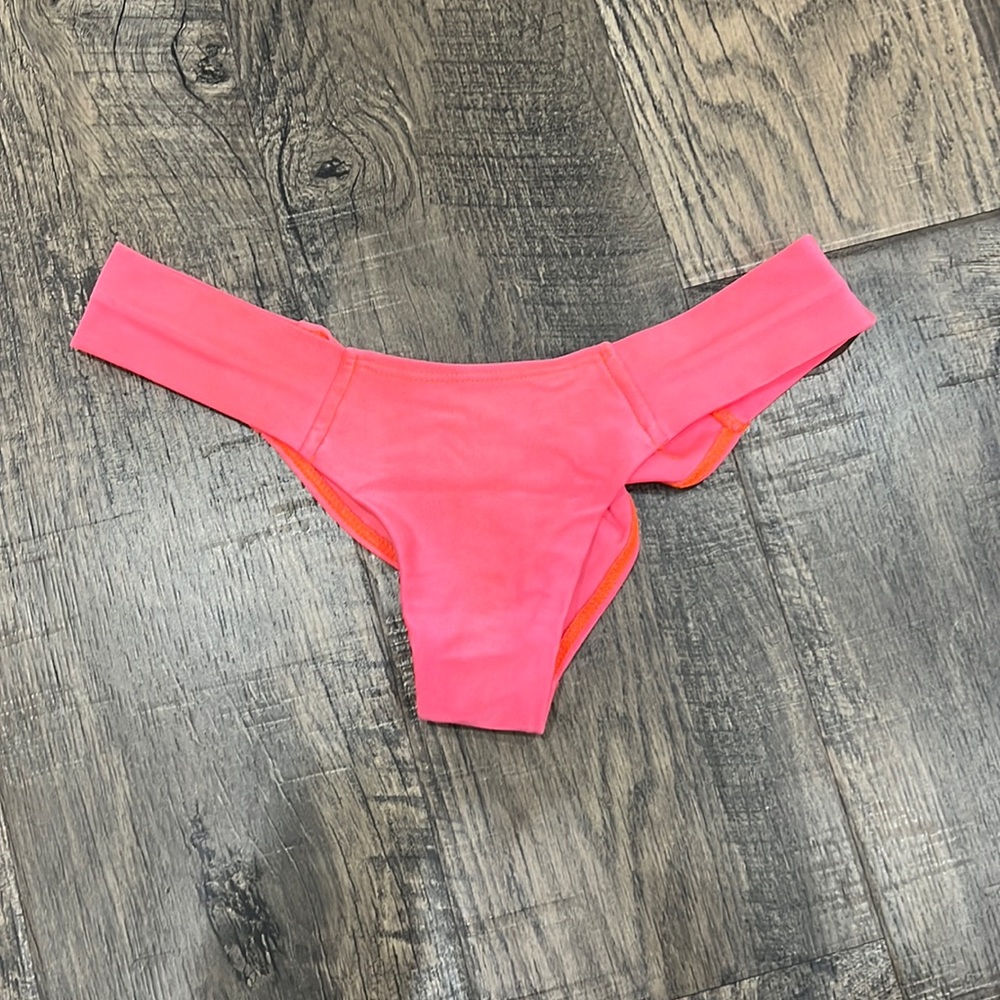 Montce Bright Neon coralish pink added coverage uno thong bikini bottom.